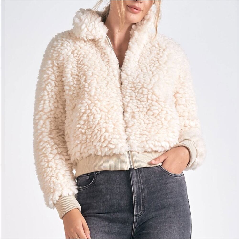Elan Vanilla Sherpa Bomber Jacket Cream Faux-Fur Size Large NWT Comfy Minimalist